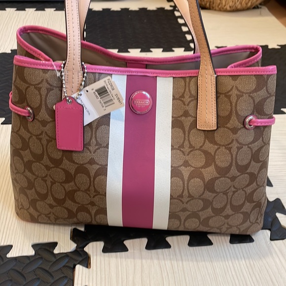 Coach Pink Stripe Brown Signature Coated Canvas Carryall Tote Bag F22908 NWT - Picture 3 of 16